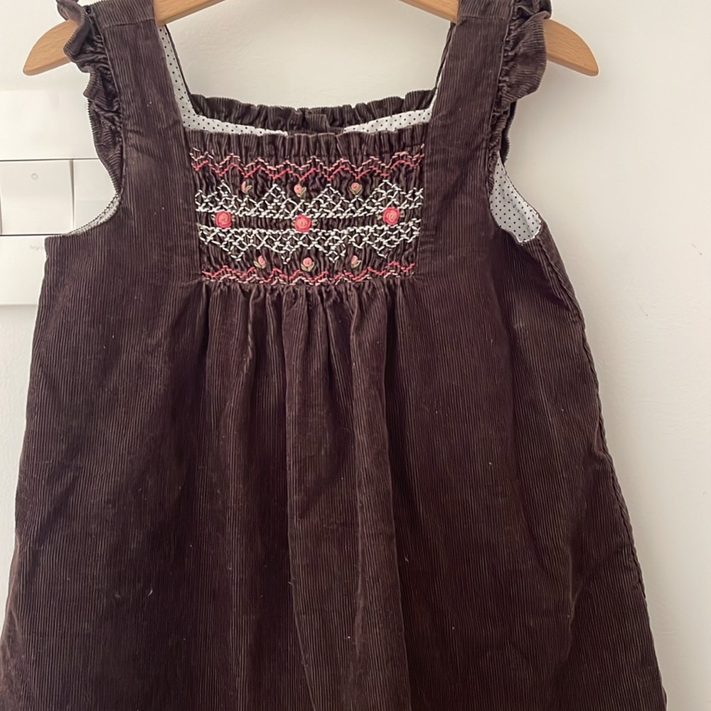 Janie and Jack Girls Brown Corduroy Dress | Ruffle Trim Embroidered Sleeveless - Picture 2 of 13